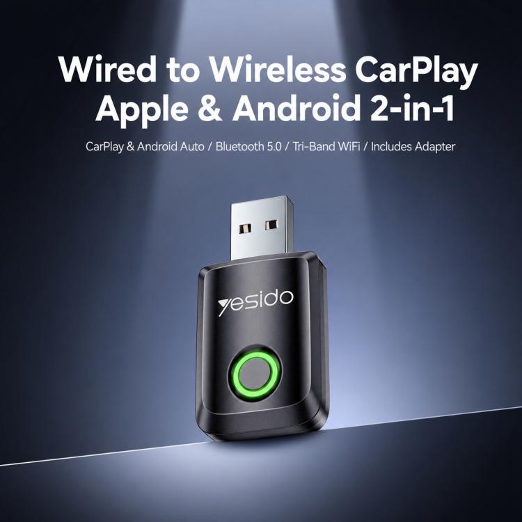 Yesido KM32 wireless CarPlay/Android Auto adapter, black body, USB-A plug with green ring