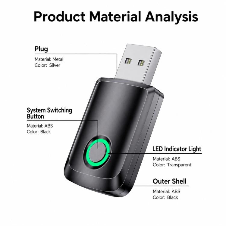 Black wireless CarPlay/Android Auto adapter with green LED ring and USB plug