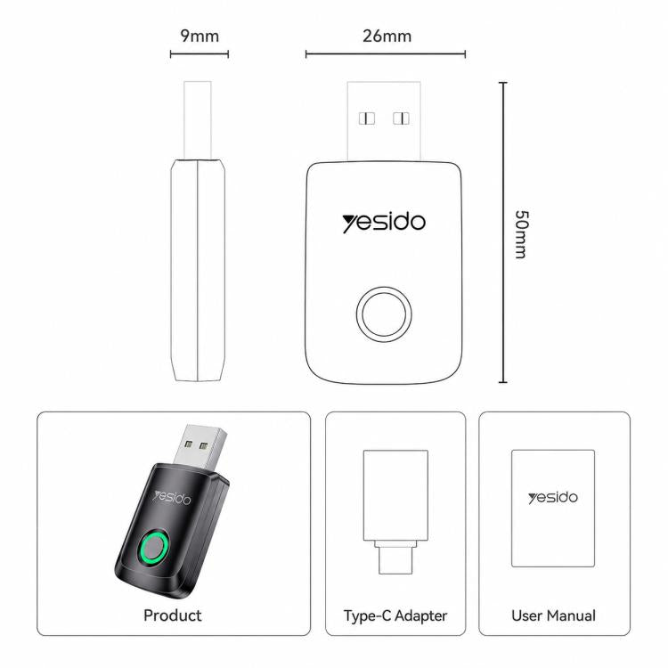 Wireless CarPlay adapter with size diagram and Type-C adapter and user manual icons
