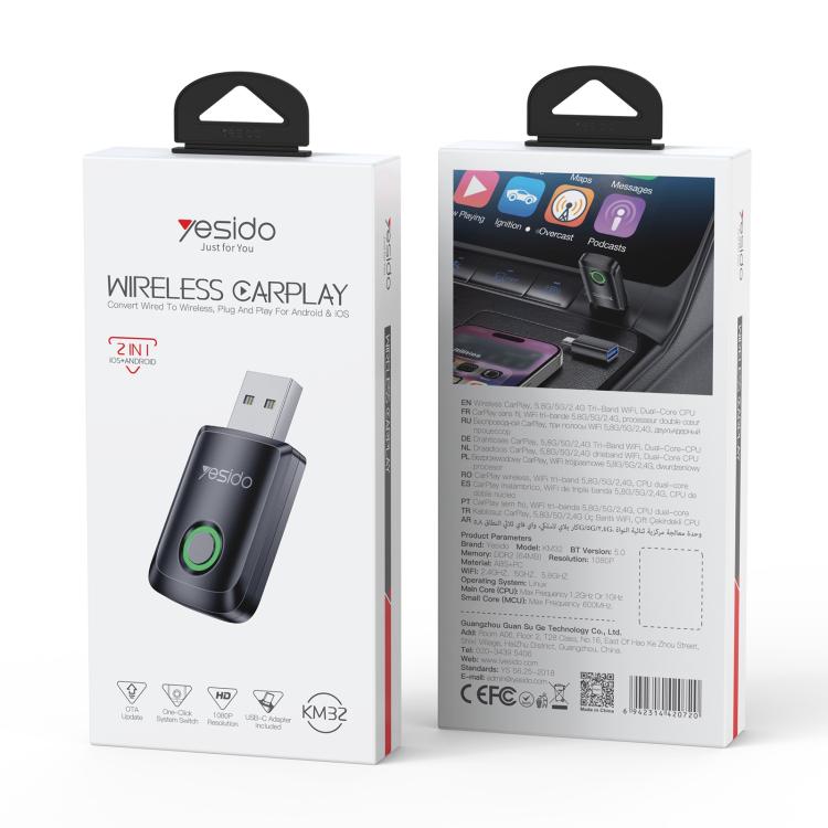 Yesido KM32 Wireless CarPlay retail box showing adapter and product information