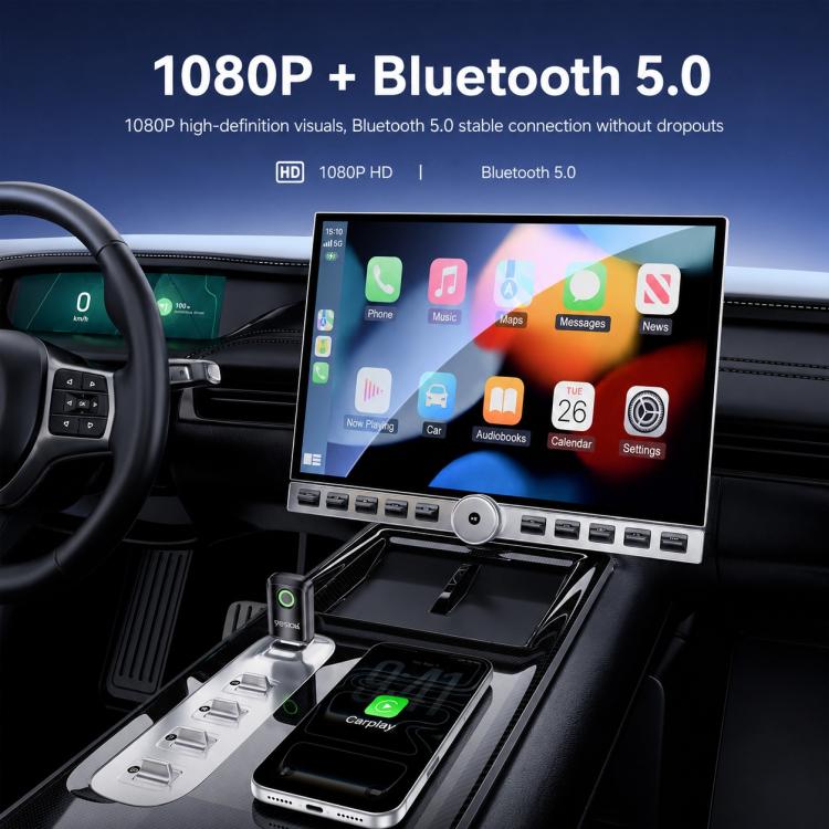 Yesido KM32 adapter on car console next to phone connection, black with green-ring LED