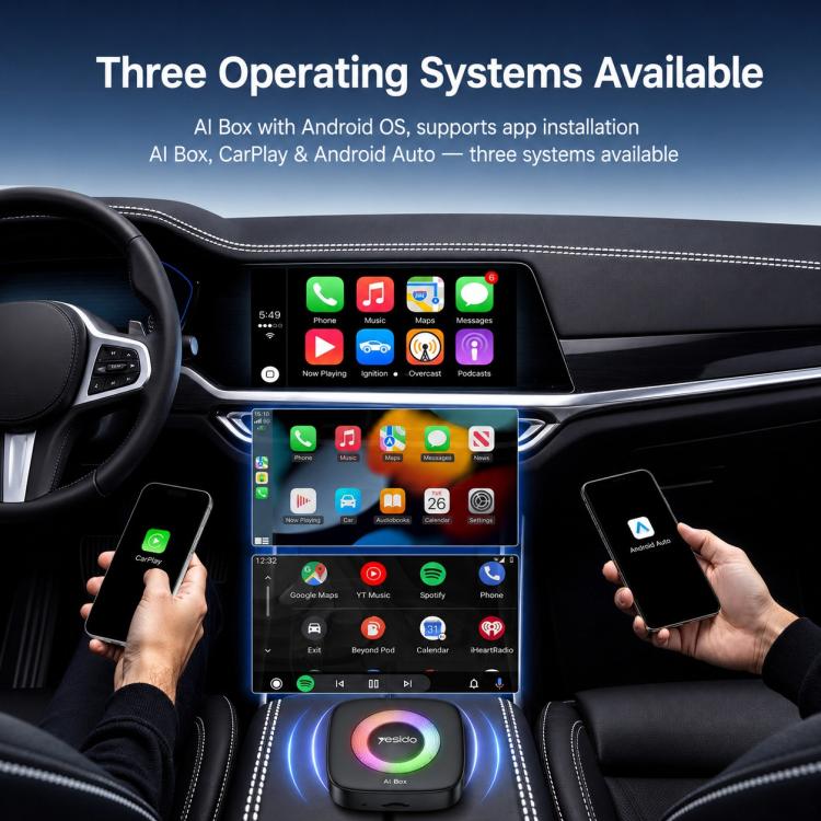 Black AI Box adapter in vehicle interior with hands using phones and displays