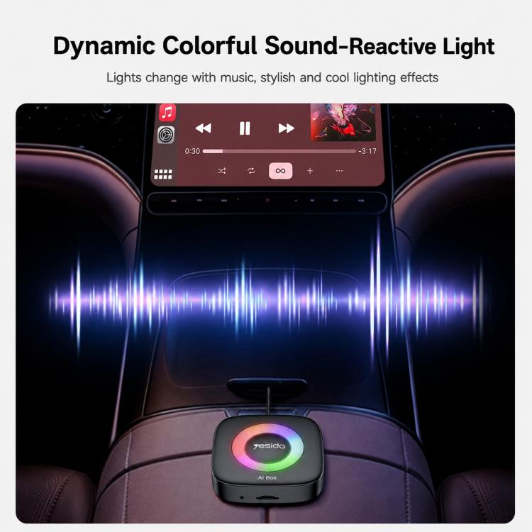 Black AI Box adapter with dynamic RGB sound-reactive light on car seat backdrop