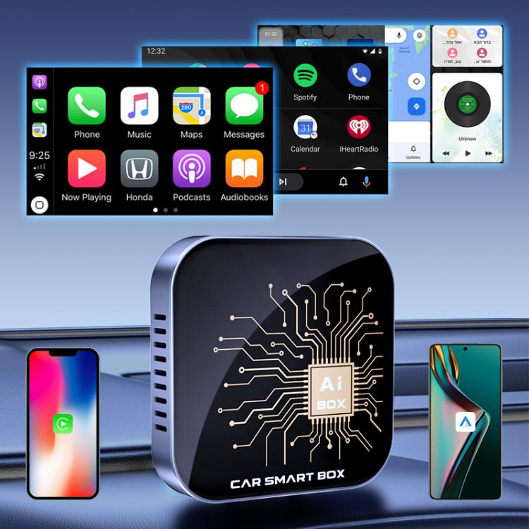 Car smart AI box adapter, front view with Ai box circuit logo and edge ports
