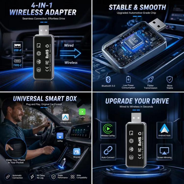 Car wireless smart box adapter device with USB-C and USB-A connection ports