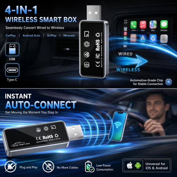 Wireless 4-in-1 car adapter smart box with USB Type-C and USB input