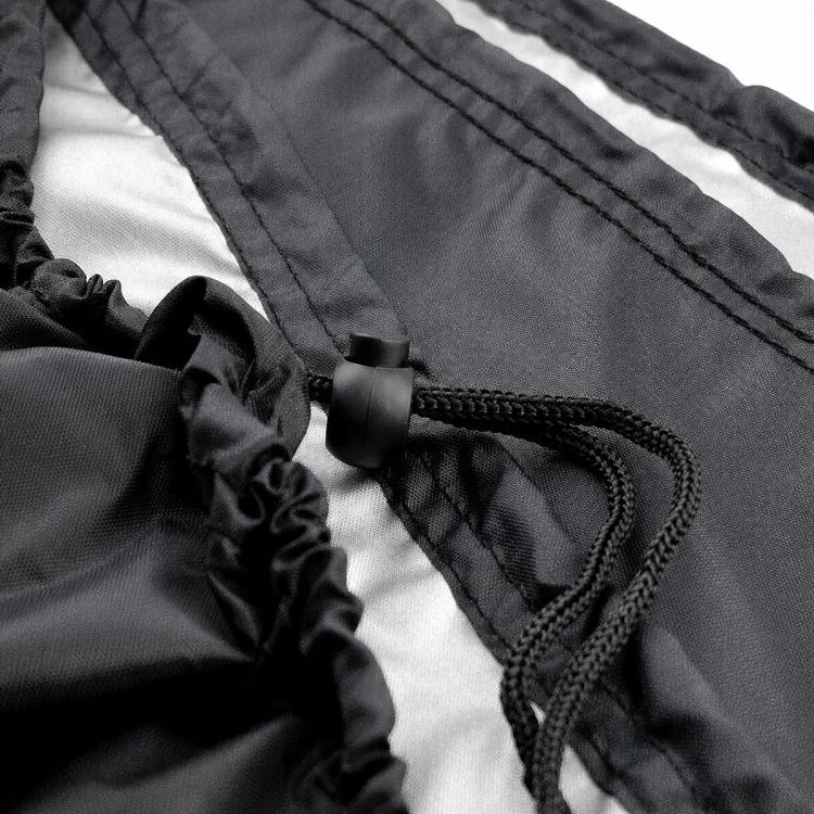 Black folding chair cover fabric close-up with drawcord and stitching