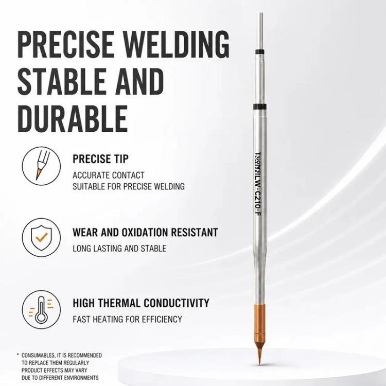Soldering iron with precise bronze tip and slim silver-gray barrel