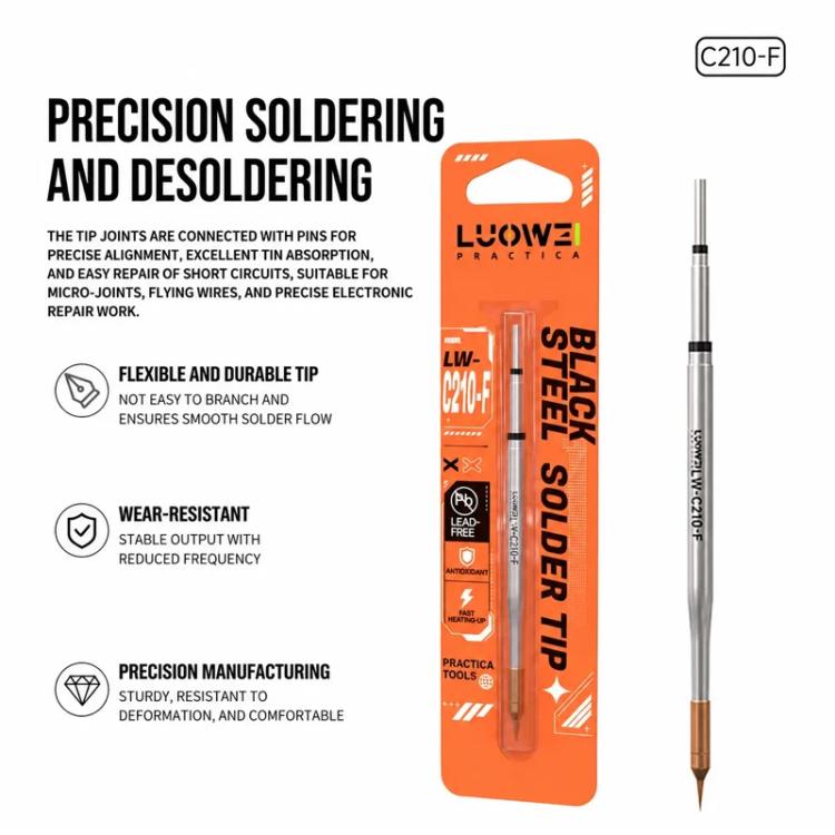 Precision soldering and desoldering iron tip with matching orange blister package