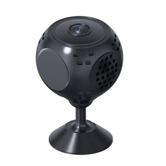 Black mini security camera with front lens and tripod-style base