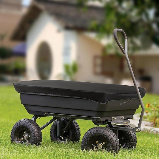 Black protective cover on a wheeled folding garden cart, with carrying handle.