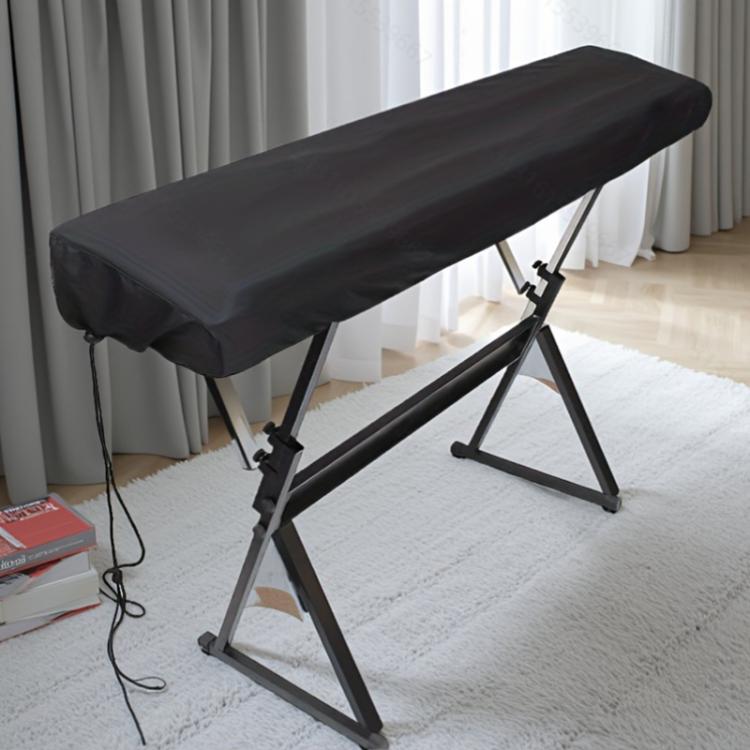 Black dustproof piano keyboard cover with retractable drawstring, full-length fit.