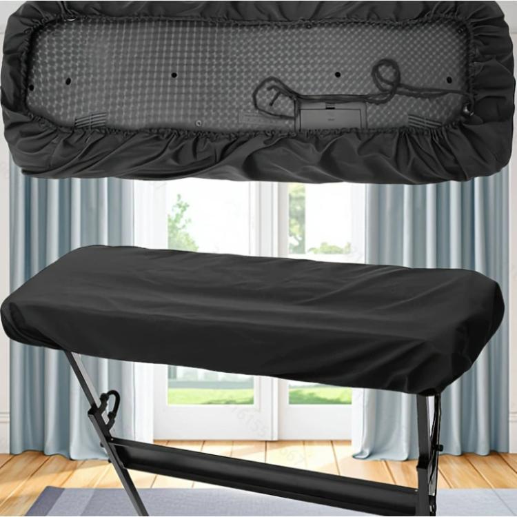 Black dustproof piano keyboard cover with elastic hem and drawstring closure.