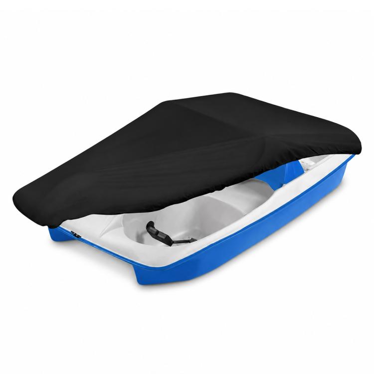 Pedal boat cover with black top fabric over a blue-and-gray pedal boat