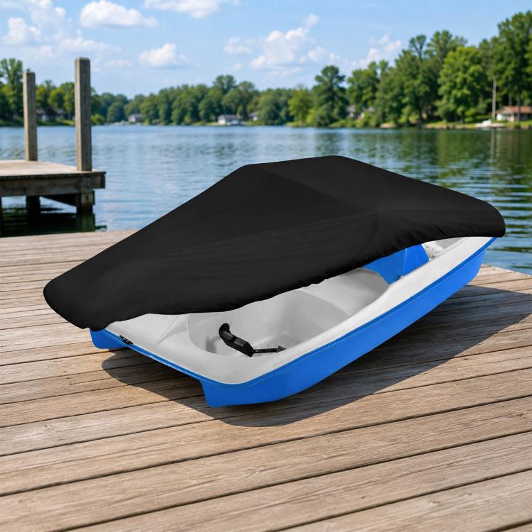 Pedal boat cover with black top fabric, fitted over a blue-and-gray pedal boat