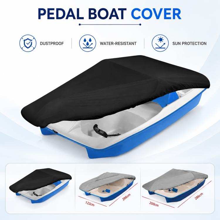 Pedal boat cover set showing black and gray covers for blue pedal boats