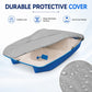 Grey pedal boat cover with fitted straps and vented top, protecting a blue pedal boat