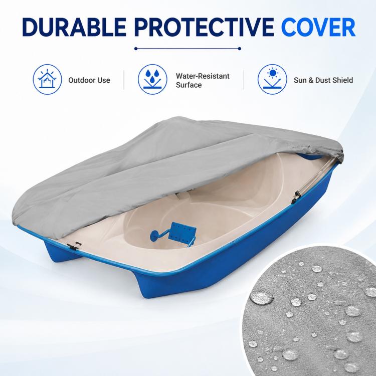 Grey pedal boat cover with fitted straps and vented top, protecting a blue pedal boat