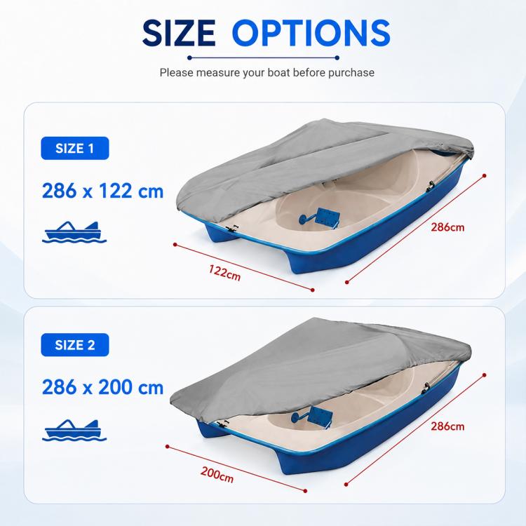 Gray waterproof pedal boat cover stretched over blue frame with strap buckles