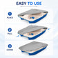 Gray pedal boat cover with elastic straps shown during covering motion on a blue boat