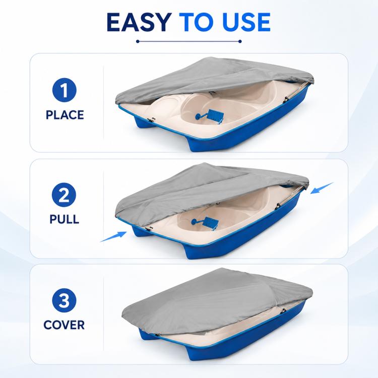 Gray pedal boat cover with elastic straps shown during covering motion on a blue boat