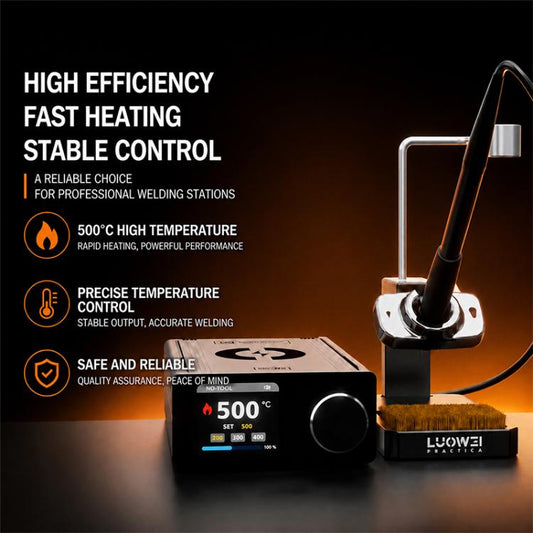 Soldering station set with control box, stand, and black soldering iron with pointed tip