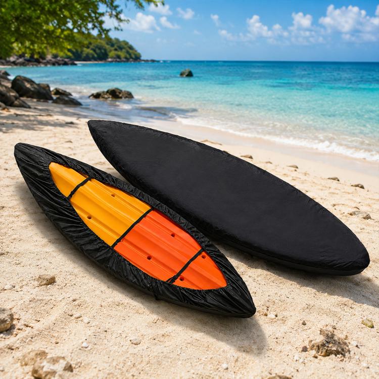 Two black kayak covers beside each other, oval wraps with tie straps