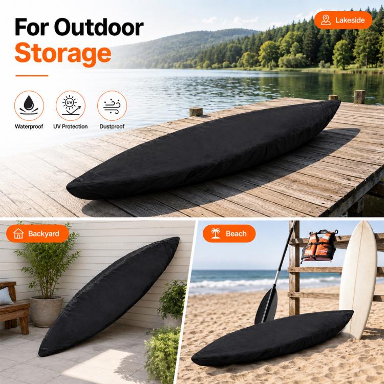 Black kayak cover laid on a wooden dock for outdoor storage, full-length fit