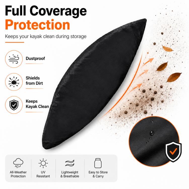 Black kayak cover with full-coverage protective shell and water-shedding fabric