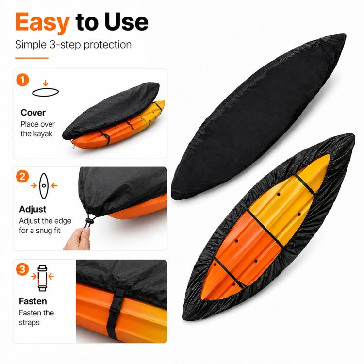 Black kayak cover with elastic edge and fastening straps for snug 3-step fitting
