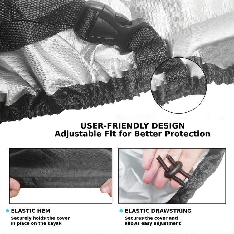 Black kayak cover close-up of adjustable elastic hem and drawstring toggle