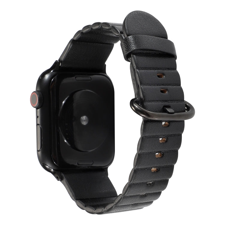 Black replacement watch strap with iron buckle and loop stripes, for Apple Watch
