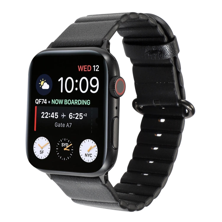 Black Apple Watch with matching loop-stripe replacement strap and iron buckle
