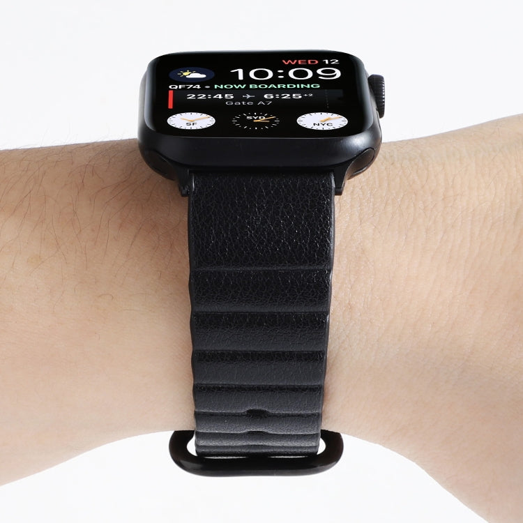 Black loop-stripe replacement watch strap with iron buckle on wrist