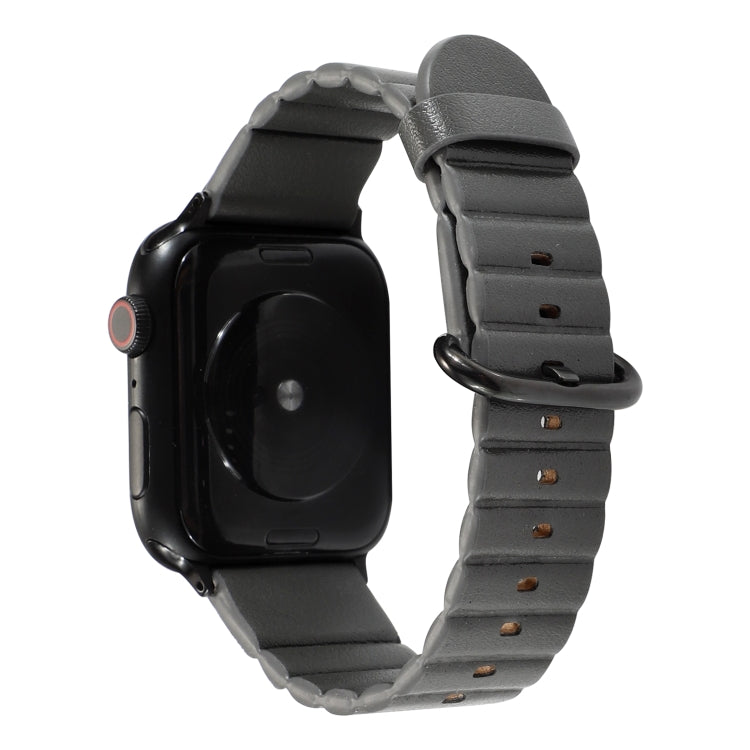 Gray Apple Watch with matching loop-stripe replacement strap and iron buckle