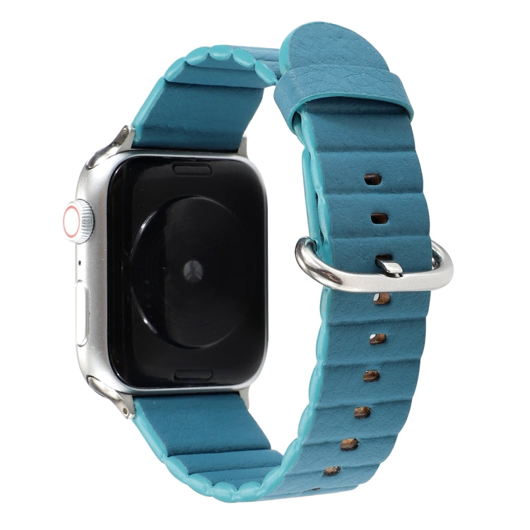 Light blue leather loop-stripe watchband with iron buckle and punched pin holes