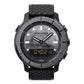 Men's black rugged smartwatch with textured rubber band and round digital display