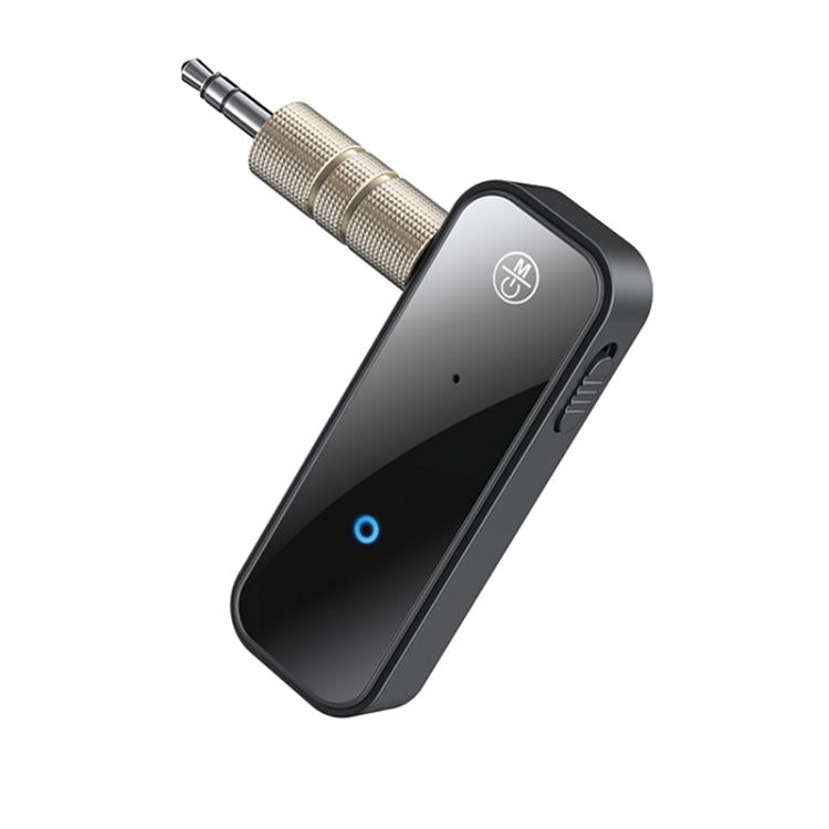 Compact black Bluetooth AUX receiver with 3.5mm headphone-style plug and power icons