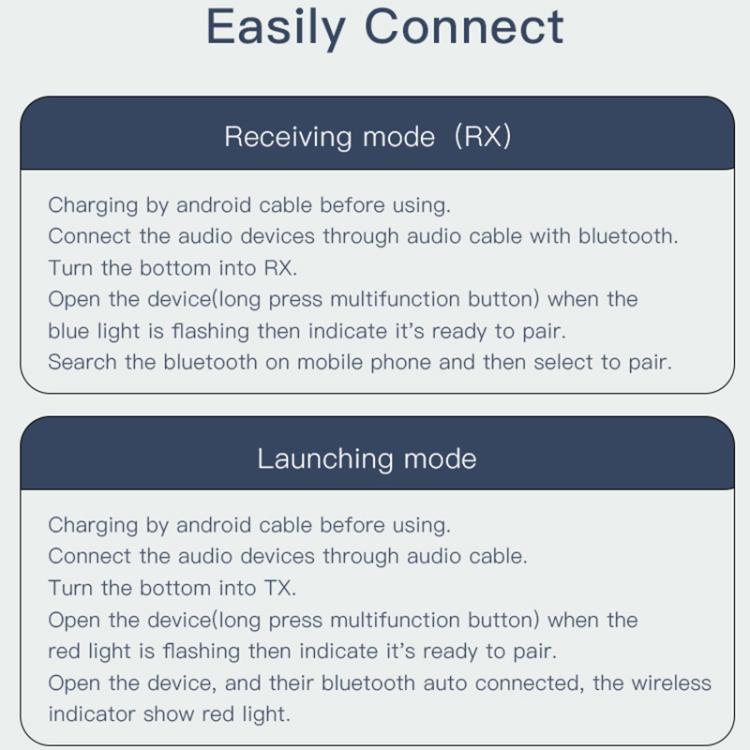 Bluetooth audio adapter instruction panel showing Receiving (RX) and Launching modes