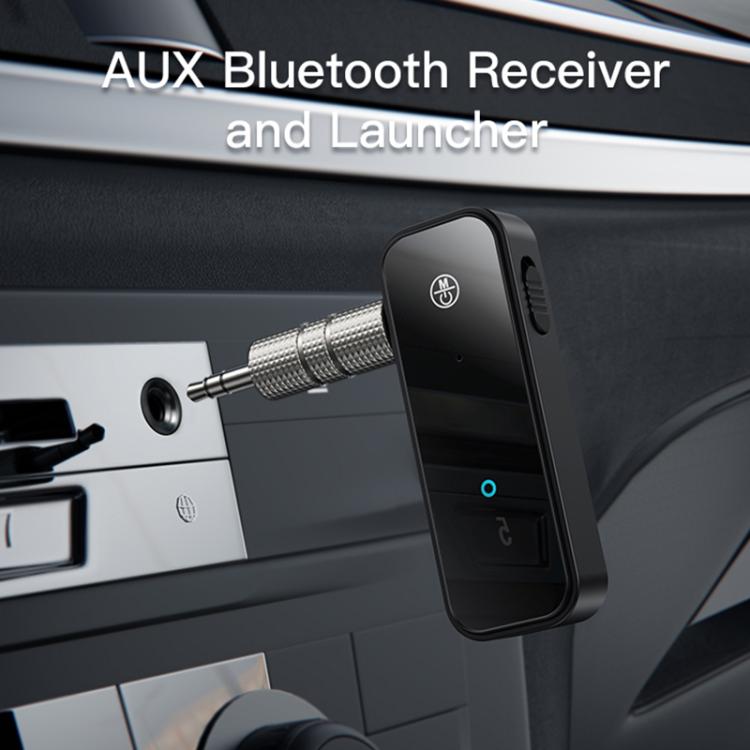 Mini Bluetooth AUX adapter shown with metal 3.5mm plug and black receiver housing