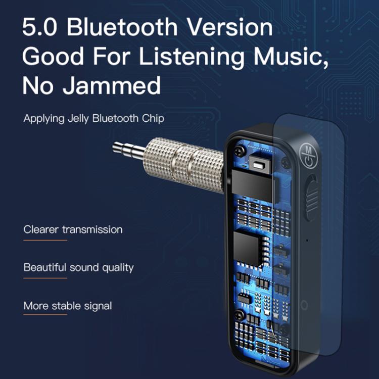 Mini wireless Bluetooth AUX adapter with 3.5mm plug and side port openings, black