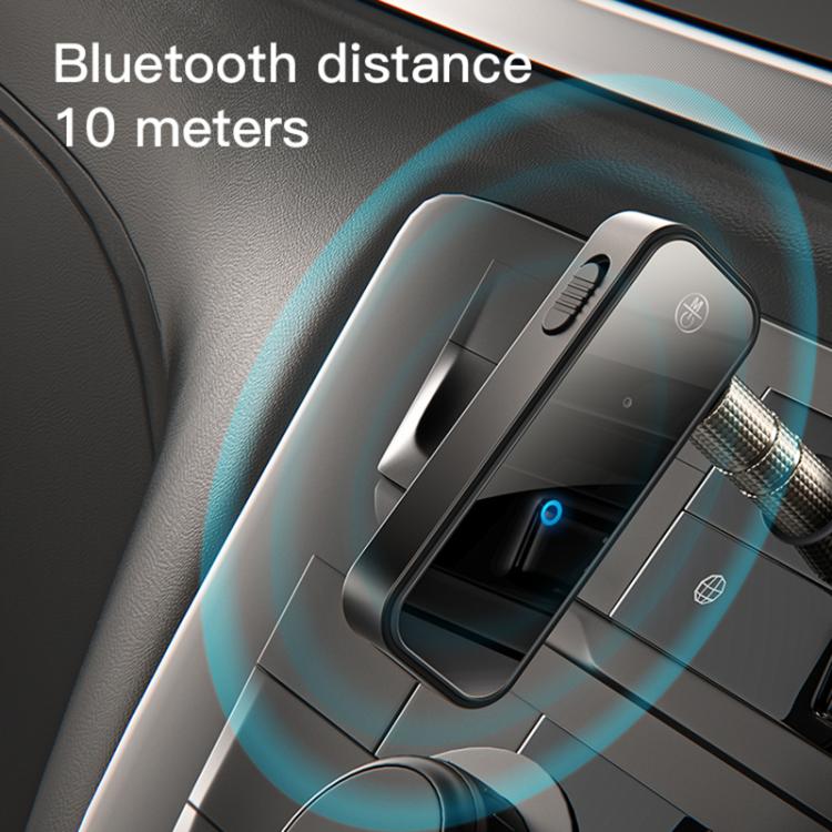 Bluetooth AUX receiver adapter with 3.5mm plug, black body and blue indicator light