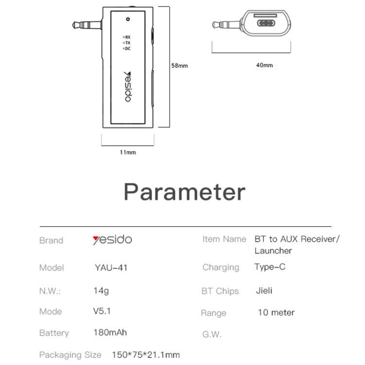 Bluetooth to AUX receiver/transmitter diagram with dimensions and key specifications