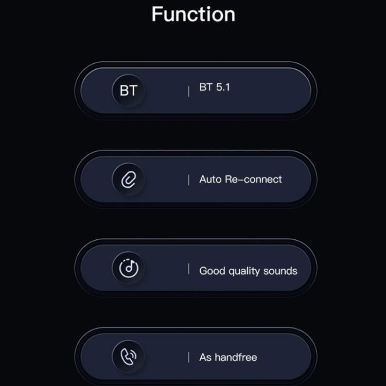 Black wireless audio adapter control panel with BT 5.1, auto re-connect indicators