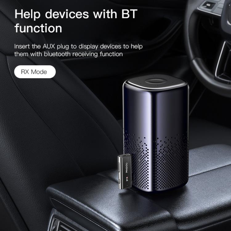 Black 3.5mm AUX Bluetooth adapter with RX Mode label and inline speaker connection
