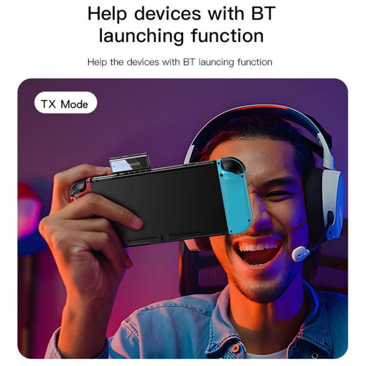 Black wireless audio adapter in TX mode for Bluetooth audio transmission