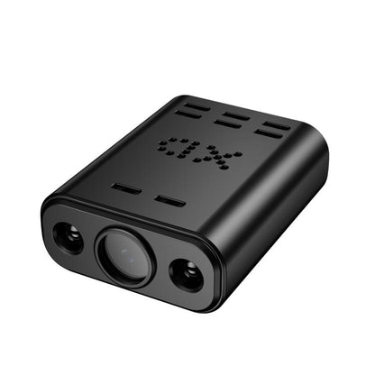 Black mini WiFi security camera with dual lenses and top indicator vents