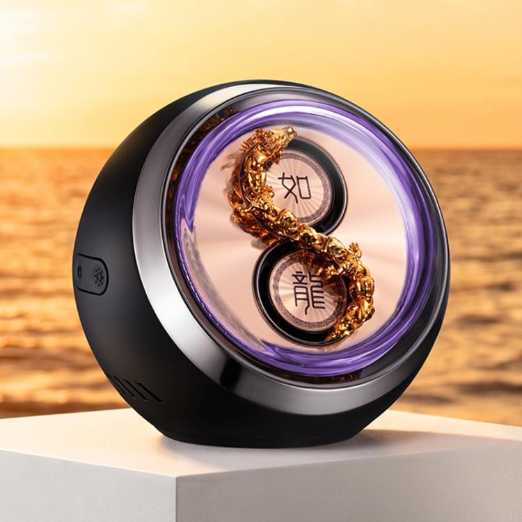 Car aromatherapy ornament with purple LED light, black base and rotating dragon detail