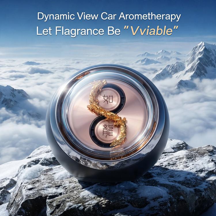 Car aromatherapy ornament with glowing purple core, dark base and rotating dragon ornament