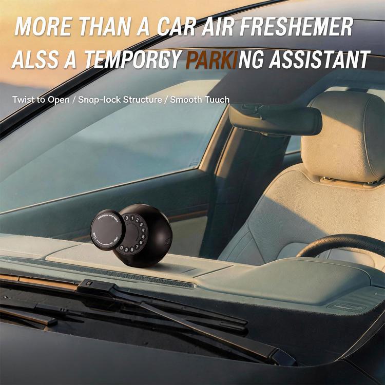 Car aromatherapy ornament on dashboard, dark round unit with purple-tinged LED glow